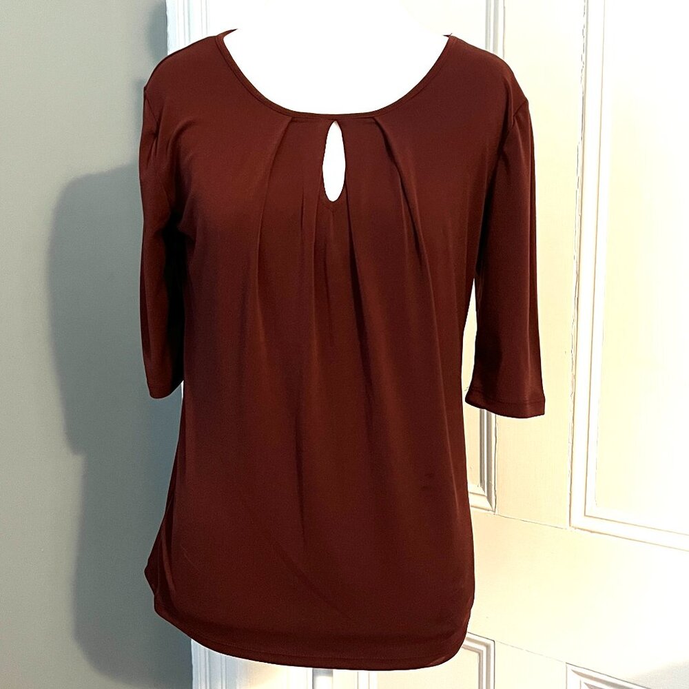 Ann Taylor Top, Burgundy, ¾ Sleeve, Pleated Keyhole Front, Small